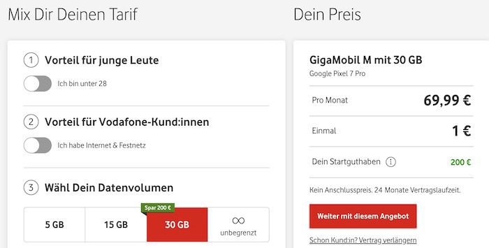 Google Pixel 7 (Pro) inkl. Vodafone Gigamobil Tarif + bis 200€ Startguthaben + 200€ Gutschein Prämie