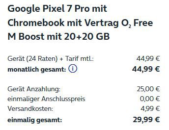 Google Pixel 7 Pro + Chromebook für 29,99€ + o2 Flat mit 40GB 5G für 44,99€ mtl.