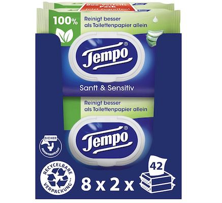 16x 42er Pack Tempo Feuchte Toilettentücher Sanft & Sensitiv ab 17,93€ (statt 28€)