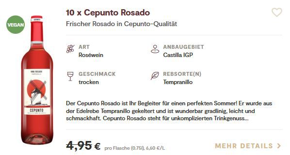 20 Flaschen Cepunto Rosado Rosewein für 66,79€ (statt 99€)