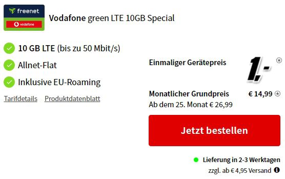 Samsung Galaxy S22 für 1€ + Vodafone Allnet 10GB LTE für 14,99€ mtl.