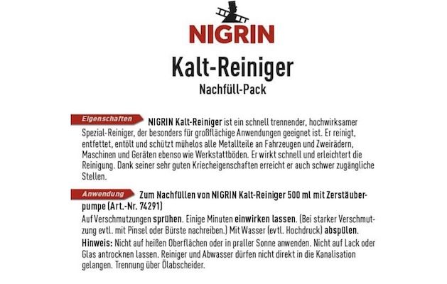 5L NIGRIN 72290 RepairTec Kaltreiniger für 18,50€ (statt 25€)