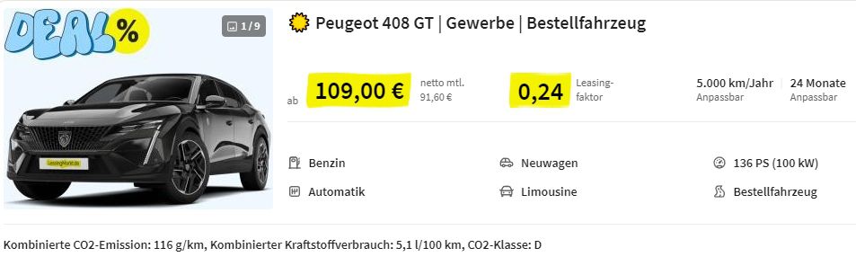 🚘 Leasingmarkt Summer Deals mit heißen Angeboten   z.B. Peugeot 408 GT ab 109€ mtl. (Gewerbe)