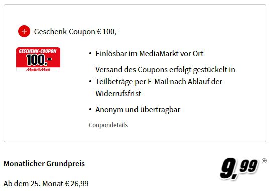 Telekom Allnet Flat mit 10GB LTE für 9,99€ mtl. +100€ Media Markt Coupon