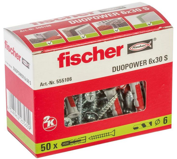 50 x fischer DUOPOWER 6 x 30 Schrauben mit Universaldübel für 7,99€ (statt 15€)