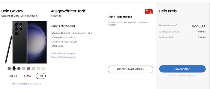 Samsung Galaxy S23 Ultra 1 TB für 429€ + Vodafone Allnet 20GB für 29,99€ mtl. + 100€ Bonus