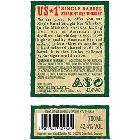 Michters US*1 Kentucky Straight Rye Whiskey ab 39,96€ (statt 54€)