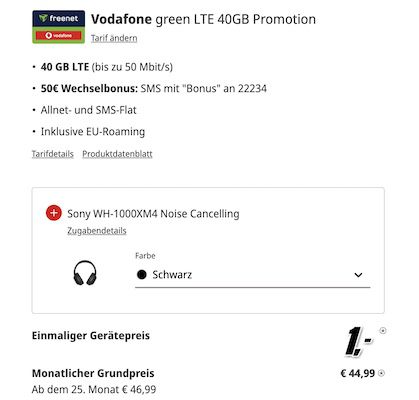 Sony XPERIA 1 V inkl. Over Ear für 1€ + Vodafone Allnet 40GB für 44,99€ mtl. + 50€ Bonus