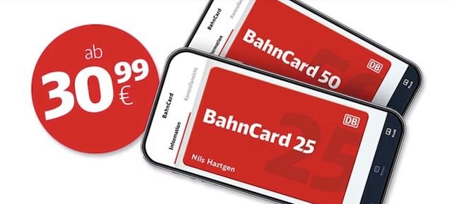 🚅 DB BahnCard 25 (2.Kl.) für 30,99€ (statt 63€) oder BahnCard 25 (1. Kl.) für 61,99€ (statt 125€)