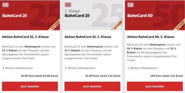 🚅 DB BahnCard 25 (2.Kl.) für 30,99€ (statt 63€) oder BahnCard 25 (1. Kl.) für 61,99€ (statt 125€)