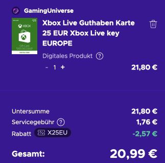 25€ Xbox Live 20,99€ Guthaben für