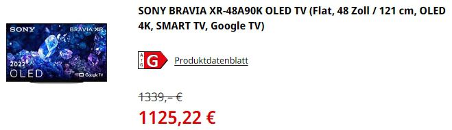 Sony Bravia XR 48A90K 48 Zoll 4K OLED TV für 1.125€ (statt 1.255€)