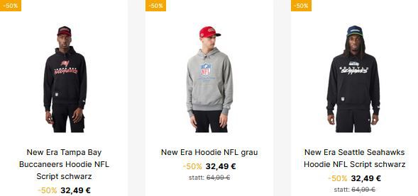 New Era Sale mind. 50% Rabatt + VSK Frei   z.B. Hoodie für 29,24€ (statt 52€)