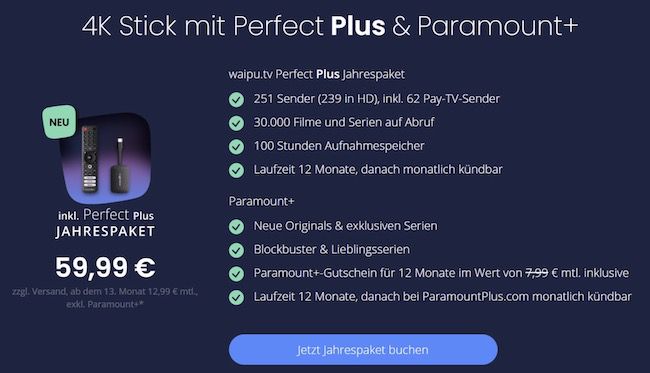 12 Monate waipu.tv Perfect Plus inkl. 4K Stick für 59,99€ (statt 156€) + 1 Jahr Paramount+ GRATIS