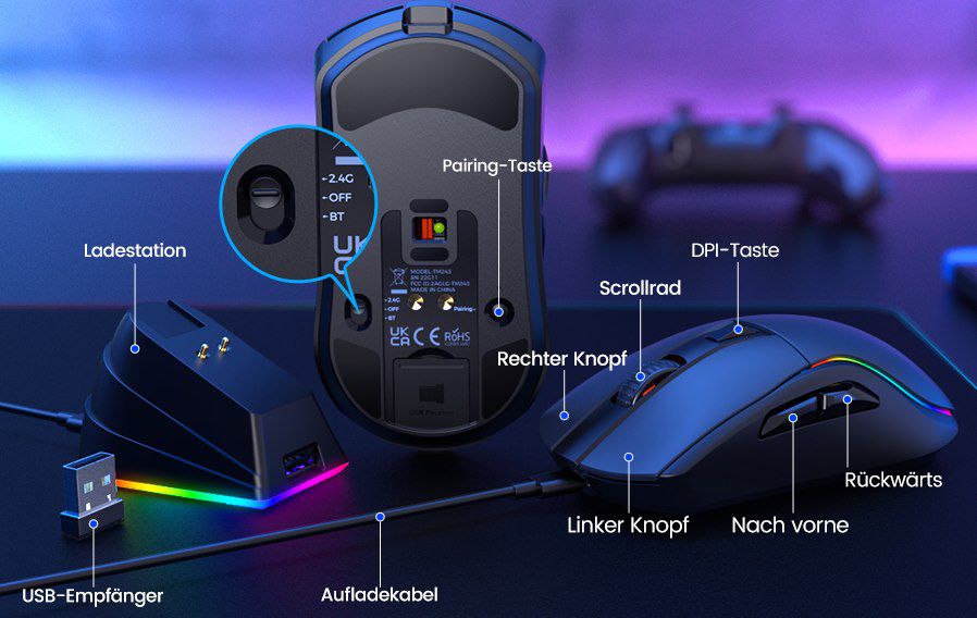 RisoPhy Kabellose Gaming Maus mit RGB Ladestation für 24,99€ (statt 50€)