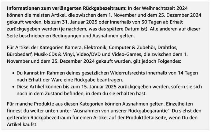 Rückgaberegelungen bei Amazon zur Weihnachtszeit