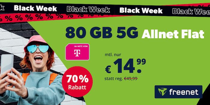 🔥 Black Week KNALLER 🧨 Telekom Allnet mit 80GB 5G für 14,99€ mtl.