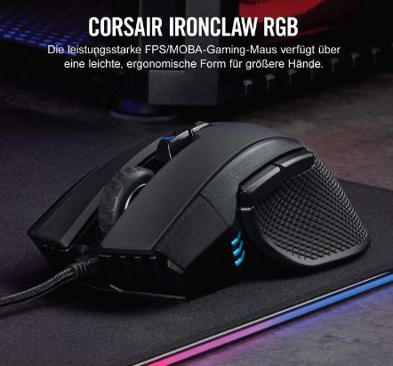 Corsair Ironclaw Wired 18K DPI RGB Gaming Maus für 49,99€ (statt 57€)