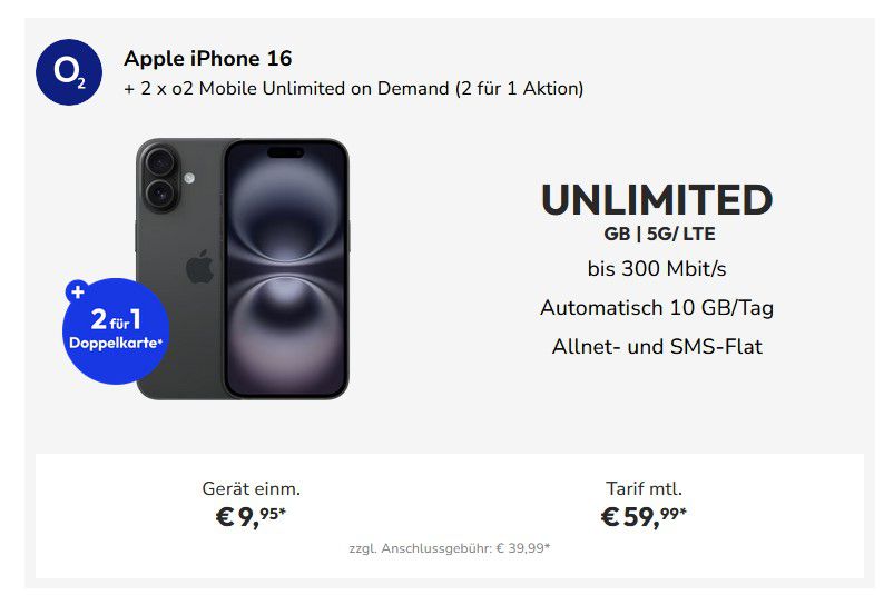 🔥📱 Das neue Apple iPhone 16 für 9,95€ + 2 x o2 Unlimited AllNet SMS Flat für 59,99€ mtl.