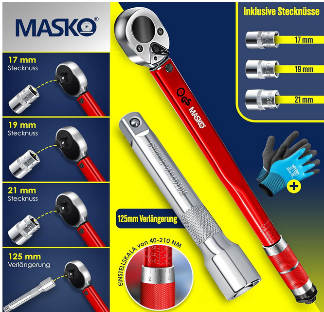 MASKO Drehmomentschlüssel 6tlg. Set 40 210Nm für 24,80€ (statt 35€)