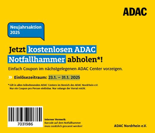 Wieder da! ADAC Nordrhein e.V.: Notfallhammer kostenlos abholen