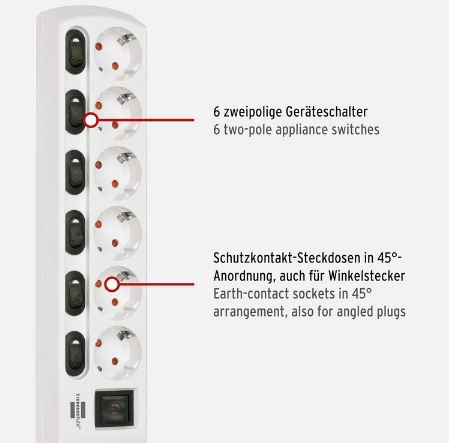 Brennenstuhl 6 Fach Steckdosenleiste mit 2 poligen Schaltern für 20,92€ (statt 26€)