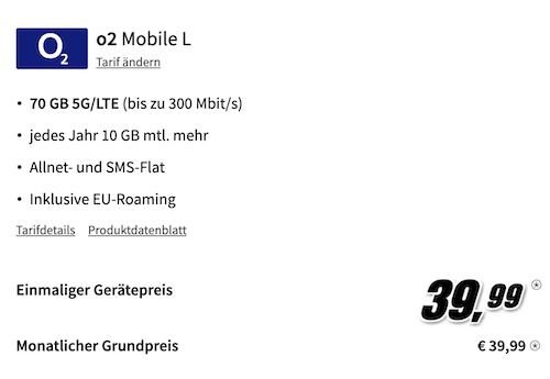 Apple iPhone 14 für 39,99€ + o2 Allnet 70GB für 39,99€ mtl.