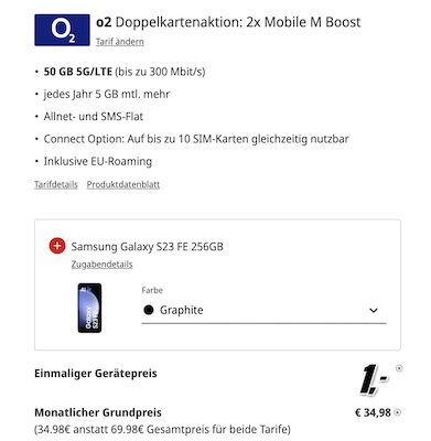 🔥 KNALLER! 2x Samsung Galaxy S23 FE für 1€ + 2x o2 5G Allnet 50GB für 34,98€ mtl.