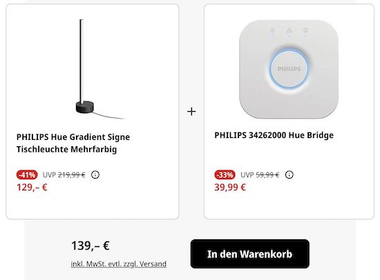 PHILIPS Hue Gradient Signe Tischleuchte inkl. Bridge für 139€ (statt 199€)