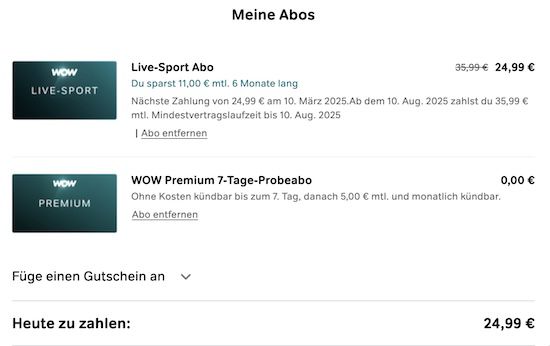 ⚽️ WOW TV: 6 Monate Live Sport für 24,99€ mtl. (statt 35€)