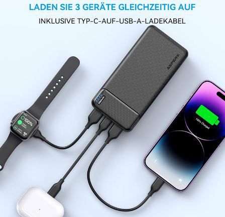 AsperX USB A/C Powerbank mit 20.000mAh & Schnellladefunktion für 14,99€ (statt 30€)