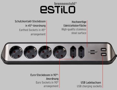 Brennenstuhl Estilo 6 Fach Ecksteckdosenleiste mit USB für 22,97€ (statt 30€)