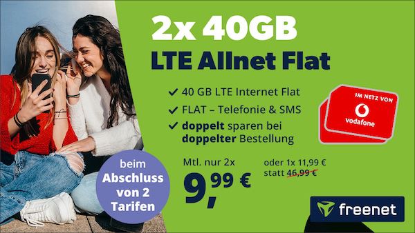 🔥 Vodafone Allnet 40GB für 11,99€ mtl. oder 2 Tarife für je nur 9,99€ mtl.