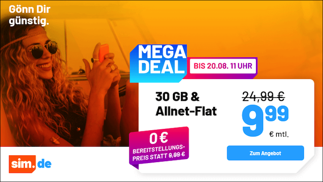 Sim.de Allnet Flat mit 30GB 5G für 9,99€ mtl.