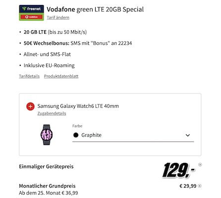 🔥 Samsung Galaxy S24 & Watch6 LTE für 129€ + 20GB Vodafone 29,99€ mtl. + 50€ Bonus