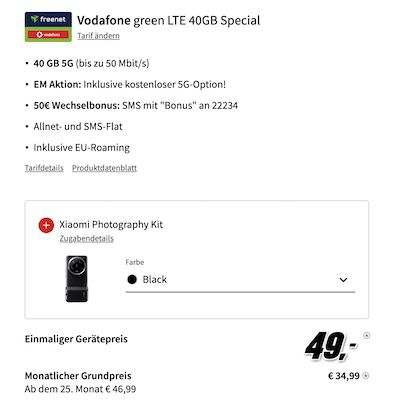 Xiaomi 14 Ultra für 49€ + Vodafone Allnet 40GB 5G für 34,99€ mtl. + 50€ Bonus