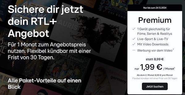 1 Monat RTL+ Premium für nur 1,99€ (statt 9€)