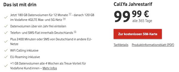 Vodafone Callya Jahrestarif mit 180GB 5G für 99,99€