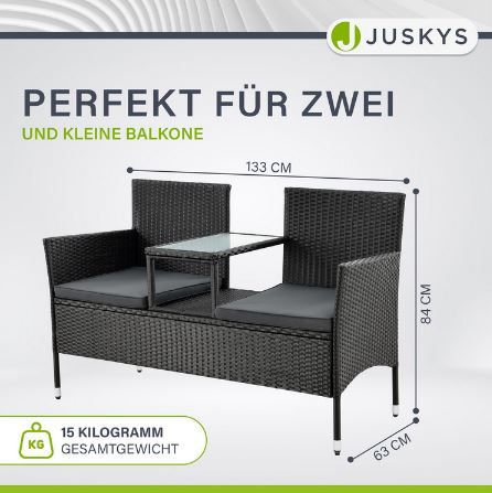 Juskys Monaco Polyrattan 2 Sitzer Bank mit Tisch & Kissen für 96,04€ (statt 119€)