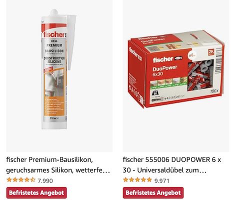 Amazon: Fischer Dübel & Befestigungstechnik reduziert z.B. Premium Bausilikon für 11€ (statt 14€)