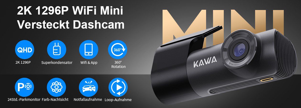 KAWA D5 1296P Dashcam mit App Anbindung & Parküberwachung für 29,39€ (statt 60€)