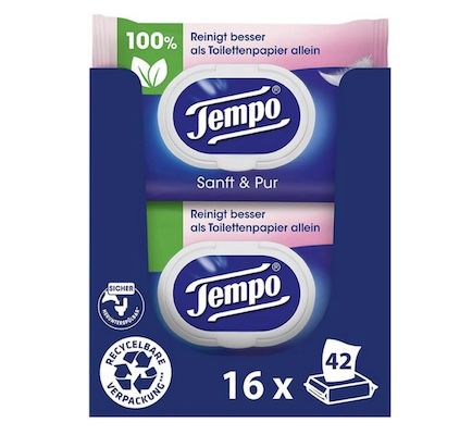 16x 42er Pack Tempo feuchtes Toilettentücher Sanft & Pur für 17,09€ (statt 31€)