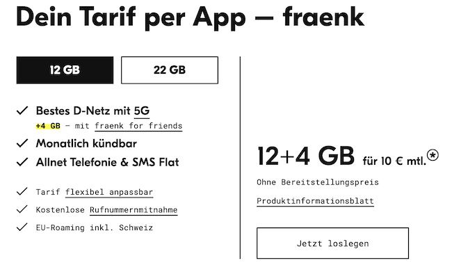 🔥 fraenk: Telekom Allnet Flat mit 16GB 5G nur 10€ mtl.