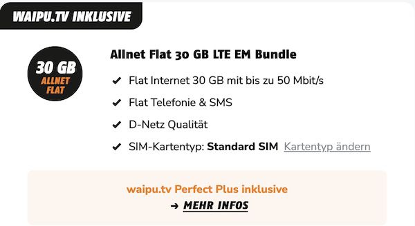 🧨 30GB Vodafone Allnet nur 14,99€ mtl. + GRATIS 24 Monate waipu TV (Wert über 215€)