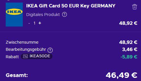 50€ IKEA Geschenkkarte für 46,49€