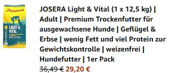 Josera Light & Vital 12,5kg Trockenfutter für Hunde ab 29€ (statt 36€)