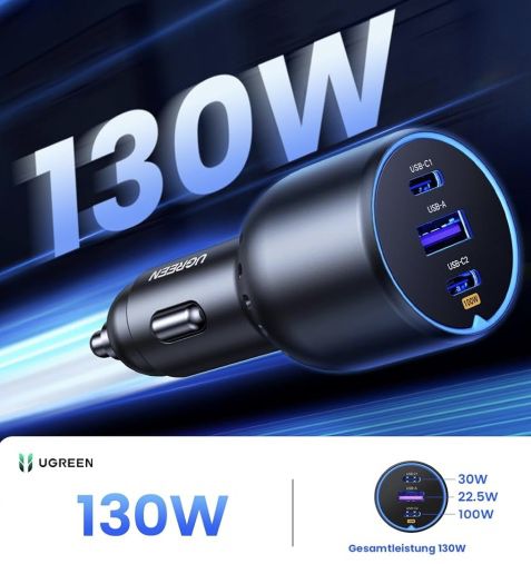 UGREEN 130W USB C  Kfz Ladegerät mit 3 Ports für 25,99€ (statt 36€)