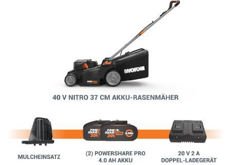 Worx WG737E Nitro Akku Rasenmäher inkl. Akkus, 37cm für 249€ (statt 279€)