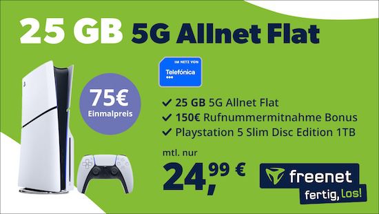 🔥 PlayStation 5 Slim Disc 1TB + o2 Allnet 25GB 5G für 24,99€ mtl. + 150€ Bonus