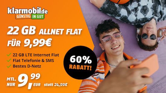 💥 Telekom Allnet Flat von klarmobil mit 22GB LTE für 9,99€ mtl.